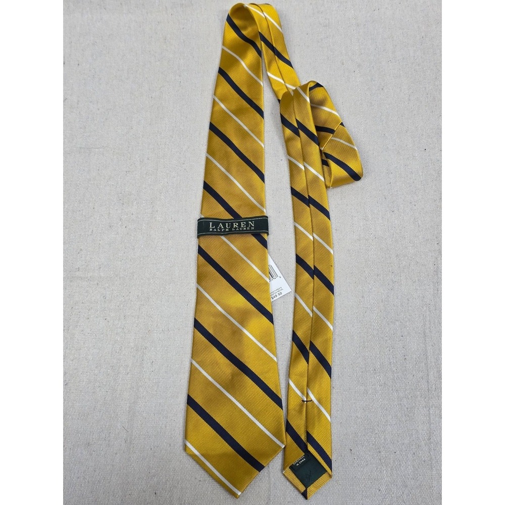 Lauren Ralph Lauren Mens Gold Navy Blue White Striped Silk Tie NWT
